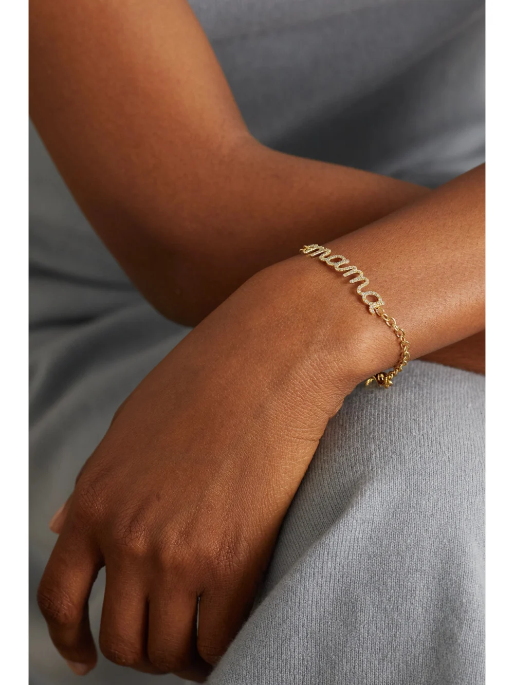 Sydney Evan Large Mama Script 14-karat Gold Diamond Bracelet, styled view