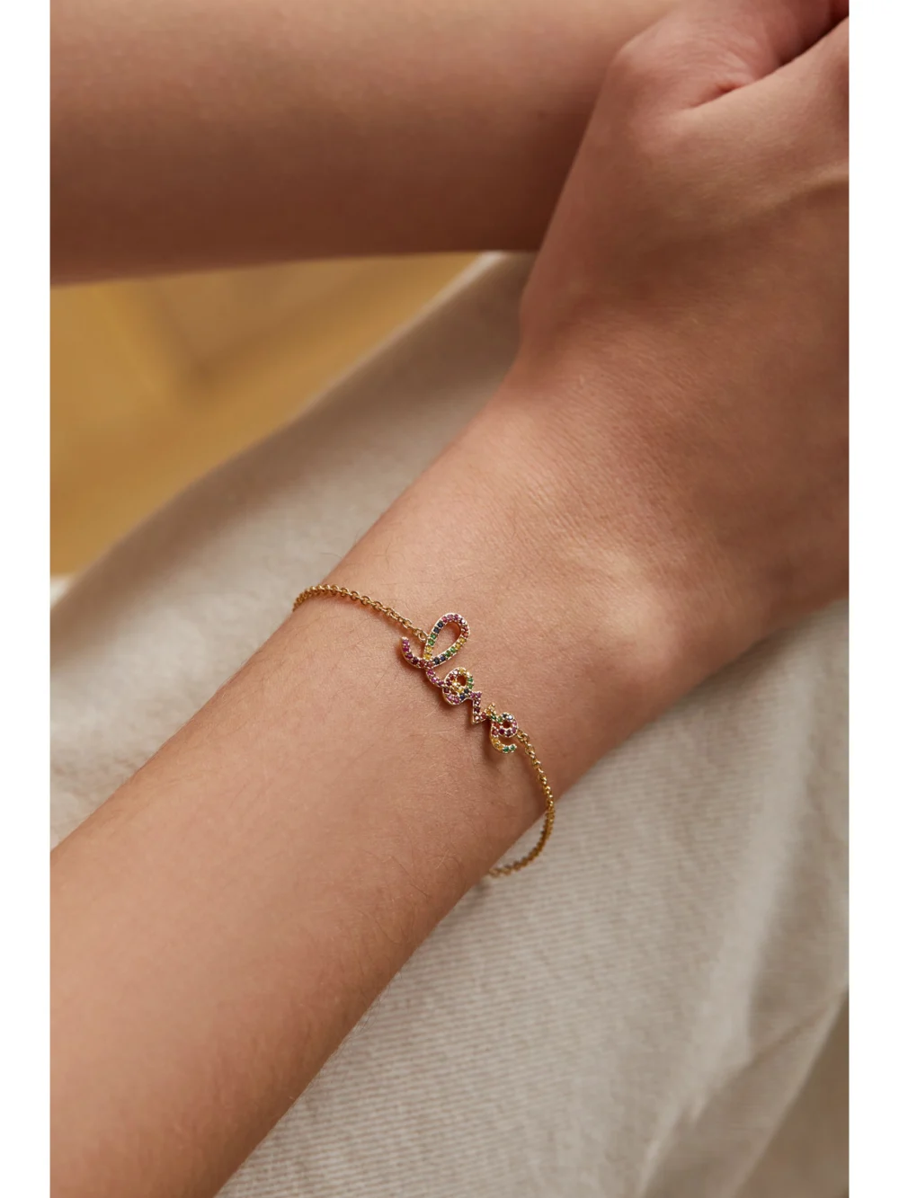 Sydney Evan Medium Love 14-karat Gold Multi-stone Bracelet, styled view