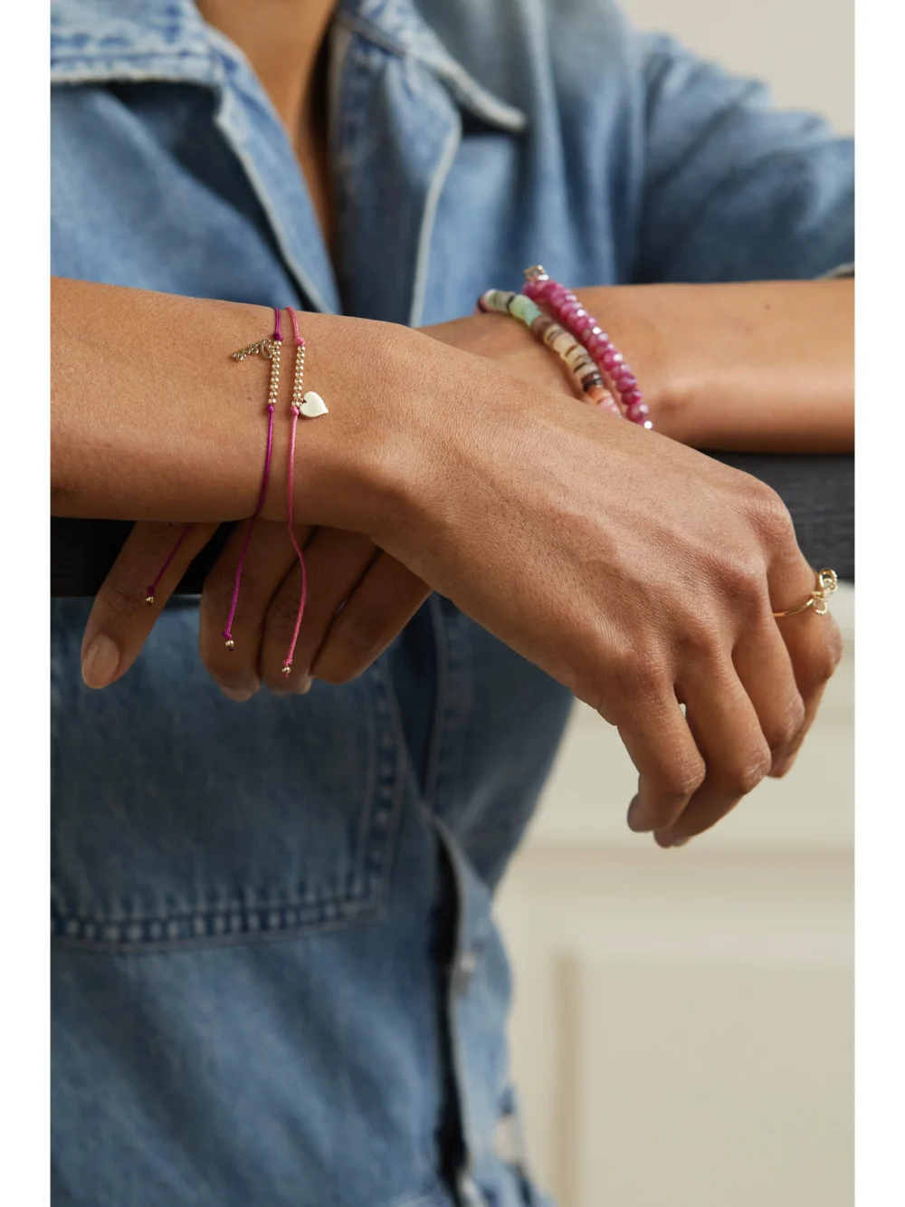 Sydney Evan Pure Heart 14-karat Gold Cord Bracelet, styled view