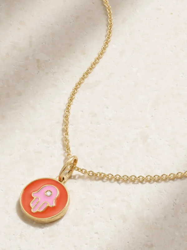 Sydney Evan Tiny Hamsa 14-karat Gold, Enamel and Diamond Necklace