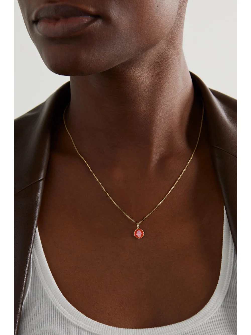 Sydney Evan Tiny Hamsa 14-karat Gold, Enamel and Diamond Necklace, styled view