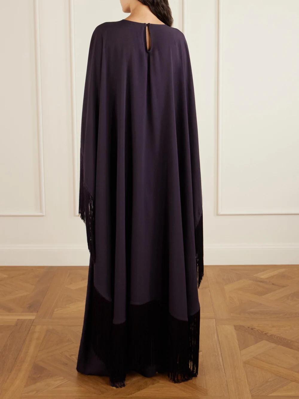 Back view of the Taller Marmo 1974 Cutout Fringed Crepe Gown