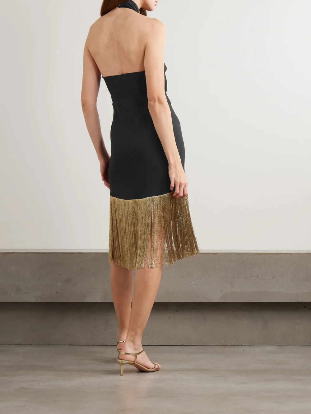 Back view of the Taller Marmo Berlin Fringed Crepe Halterneck Mini Dress