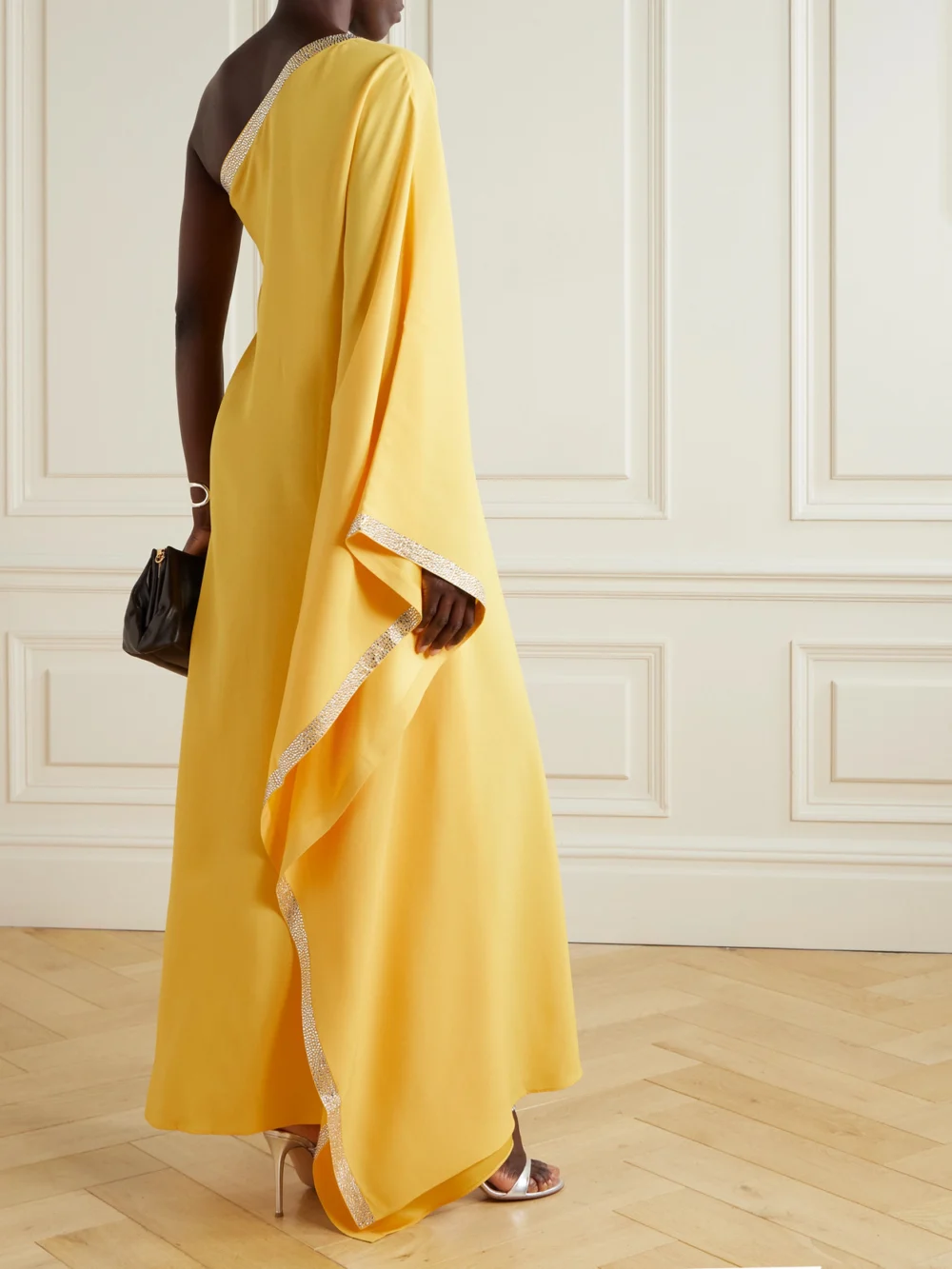 Back view of the Taller Marmo Betsy One-shoulder Swarovski Crystal-embellished Crepe Gown
