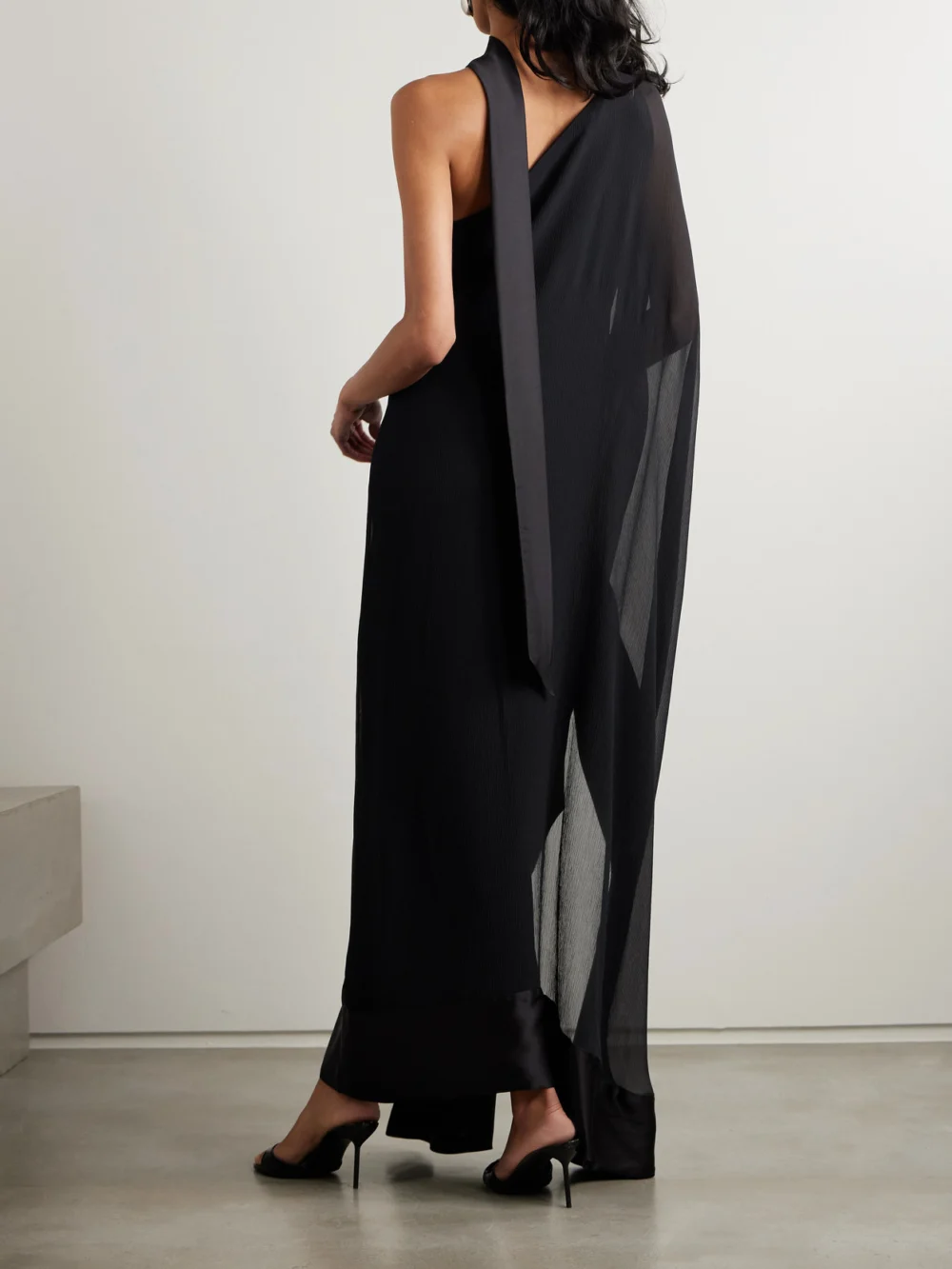 Back view of the Taller Marmo Betsy Spirito One-shoulder Satin-trimmed Silk-chiffon Dress