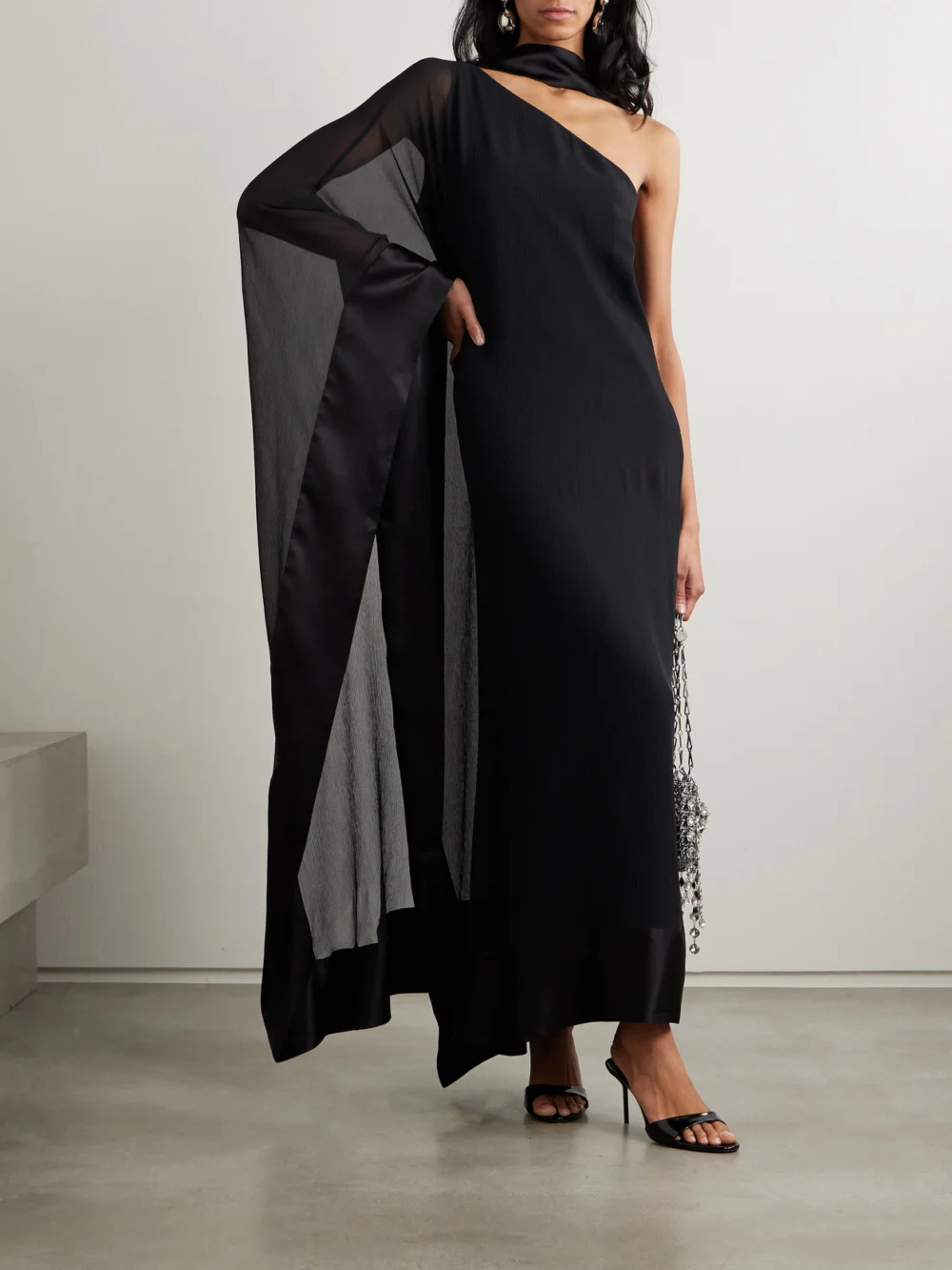 Taller Marmo Betsy Spirito One-shoulder Satin-trimmed Silk-chiffon Dress, worn by a model