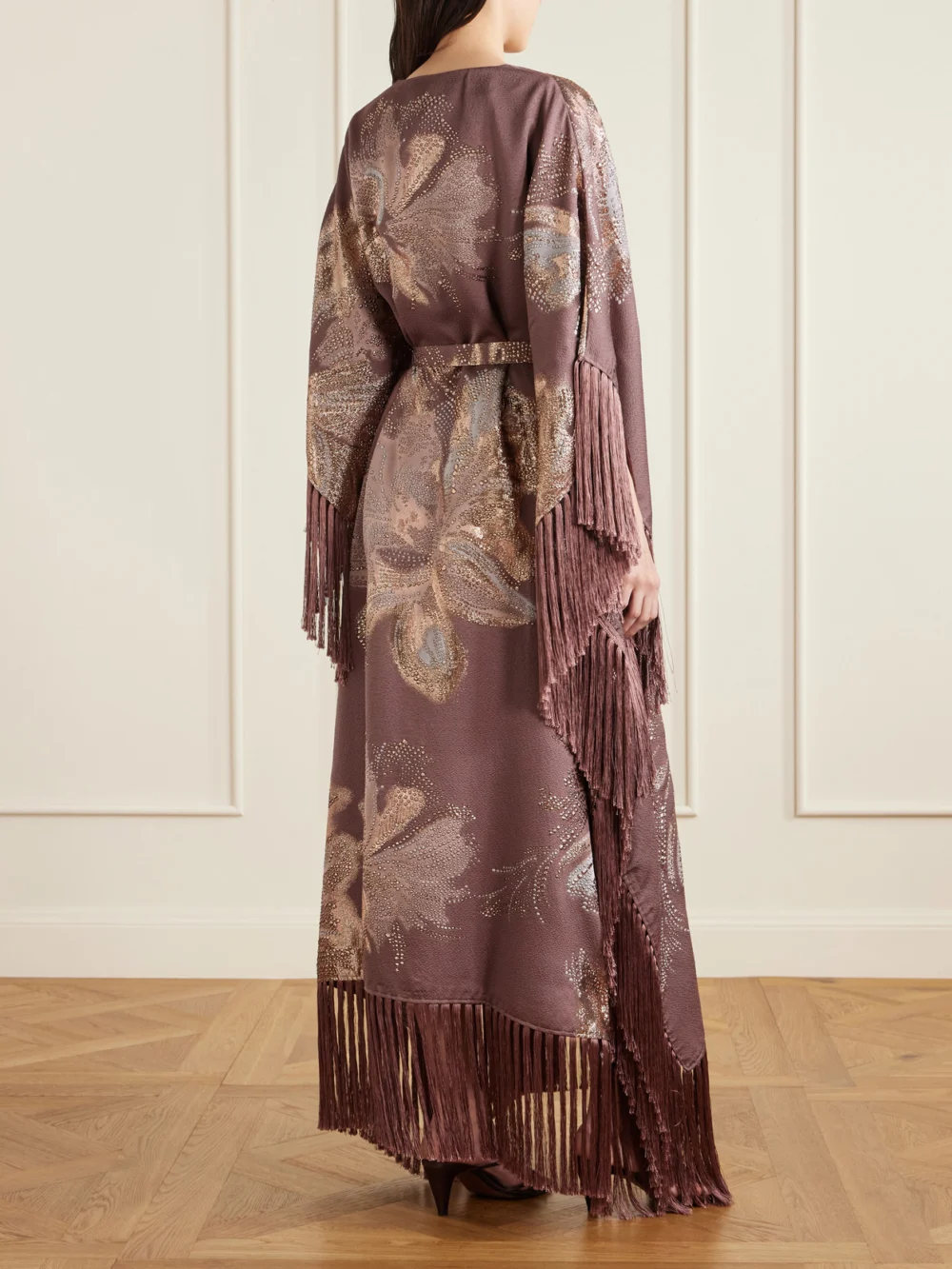 Back view of the Taller Marmo Dawn Royale Belted Fringed Embellished Crepe Kaftan