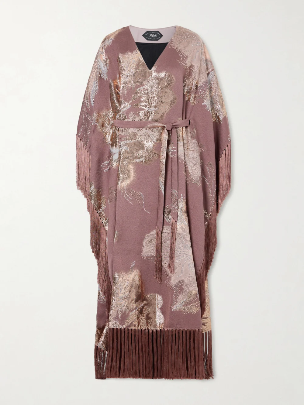 Taller Marmo Dawn Royale Belted Fringed Embellished Crepe Kaftan in purple