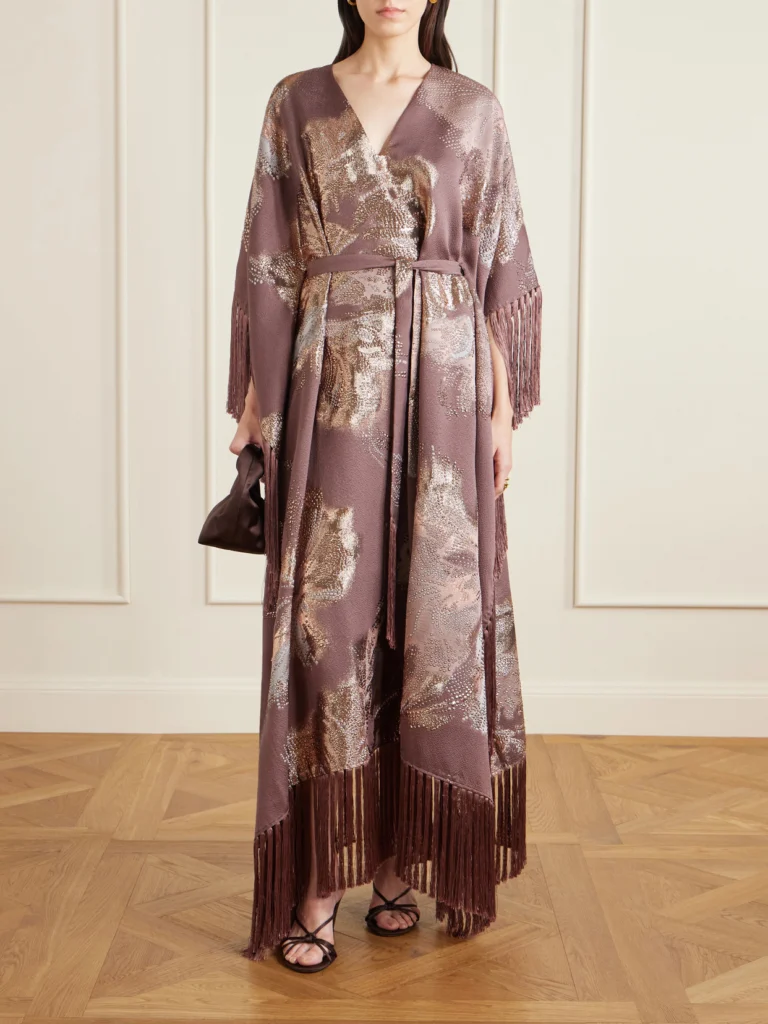 Taller Marmo Dawn Royale Belted Fringed Embellished Crepe Kaftan
