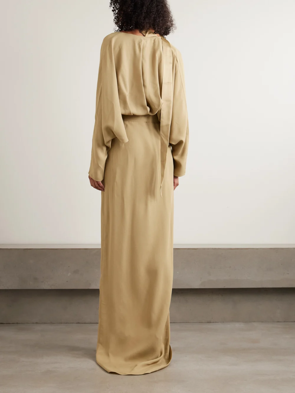 Back view of the Taller Marmo Dunaway Belted Tie-detailed Satin-trimmed Cady Maxi Dress