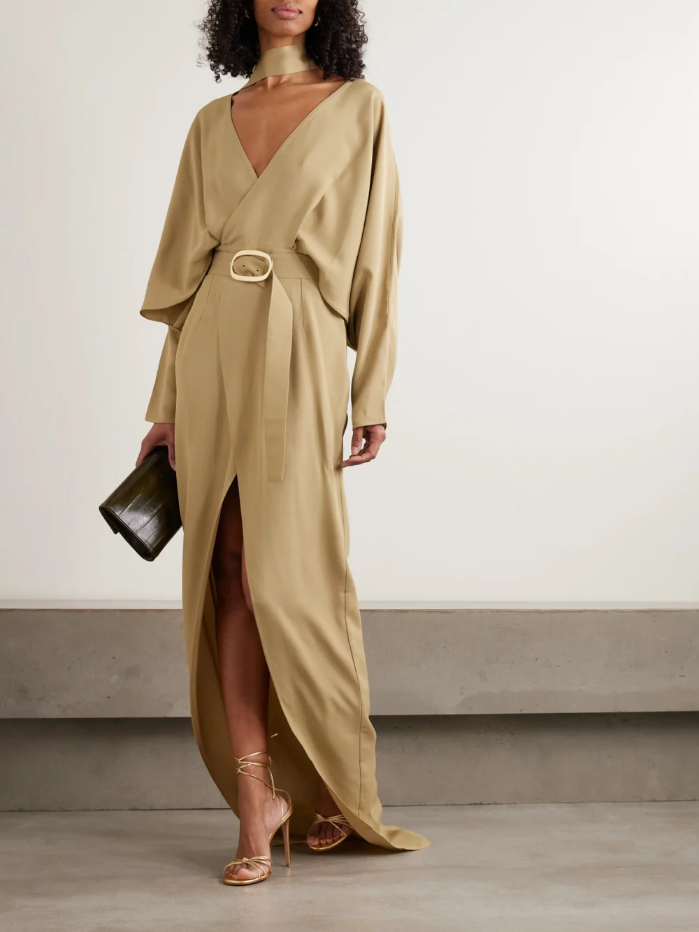 Taller Marmo Dunaway Belted Tie-detailed Satin-trimmed Cady Maxi Dress, worn by a model
