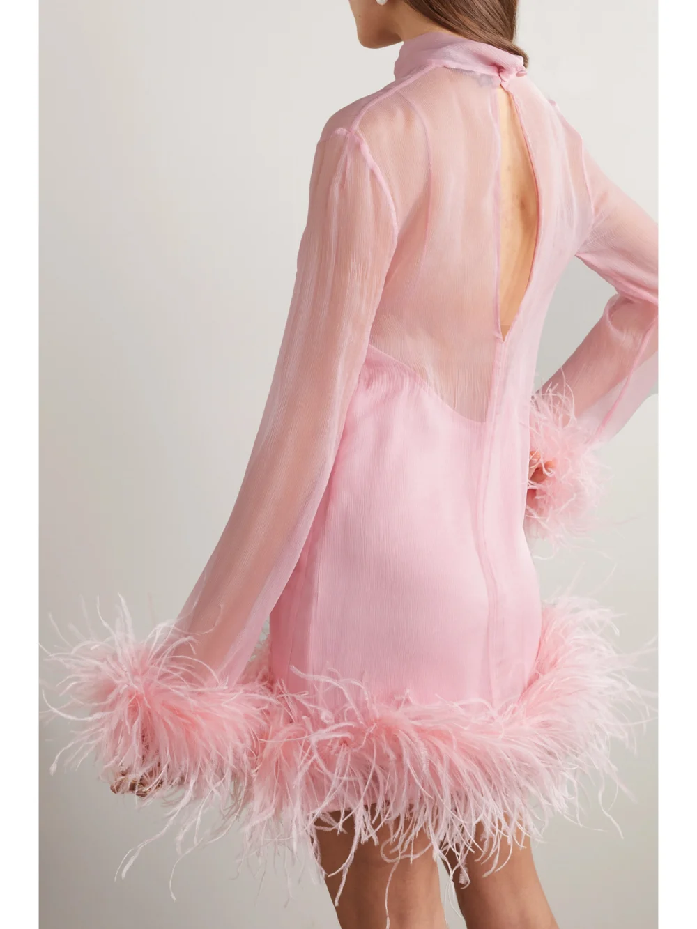Back view of the Taller Marmo Gina Spirito Feather-trimmed Silk-georgette Mini Dress