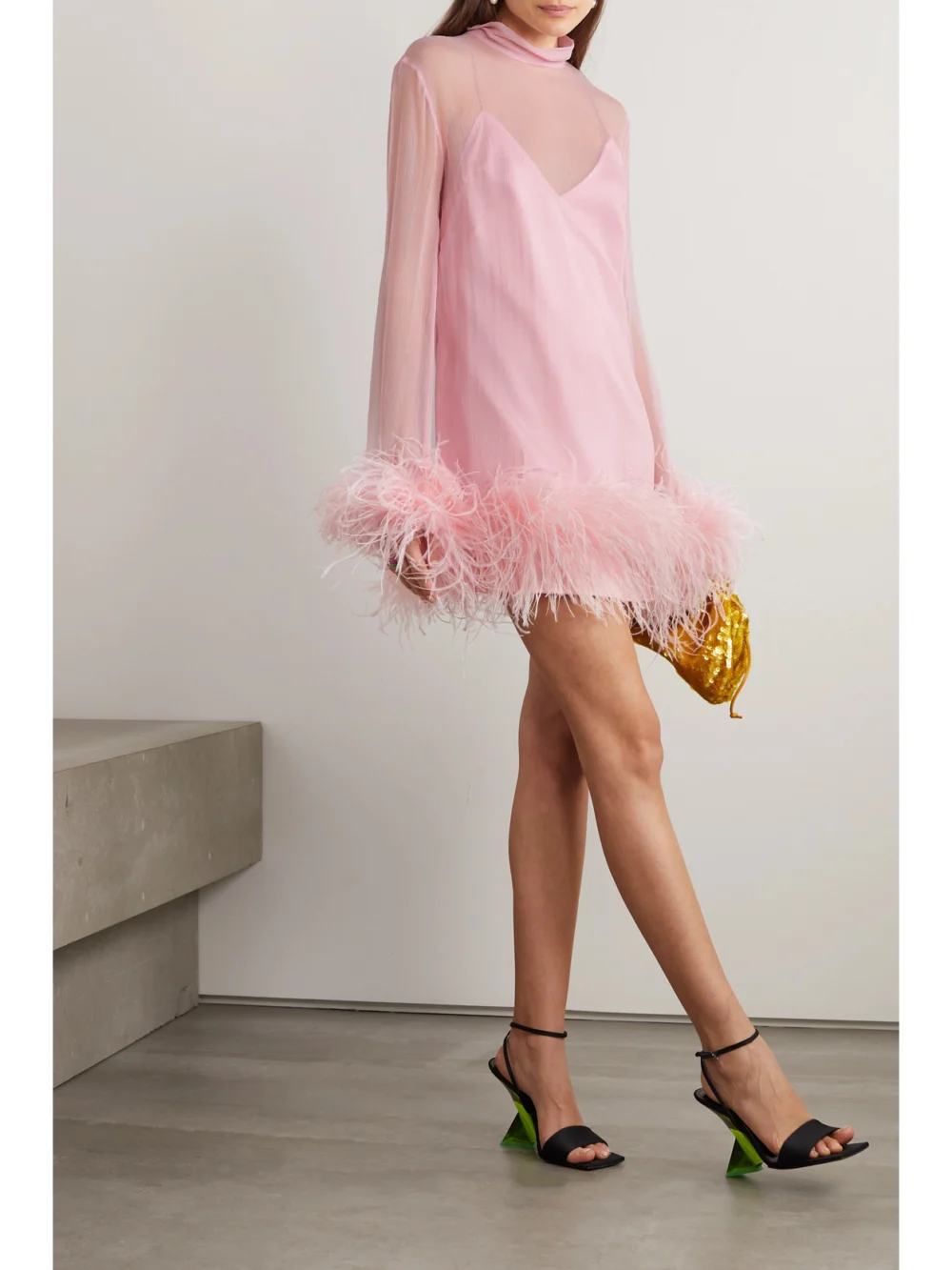 Taller Marmo Gina Spirito Feather-trimmed Silk-georgette Mini Dress, worn by a model