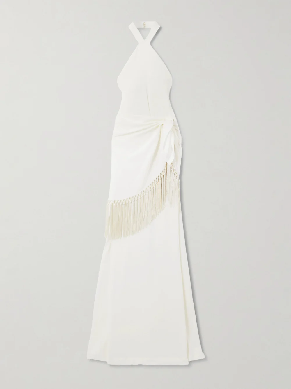 Taller Marmo Meteora Tasseled Layered Crepe Halterneck Gown in cream