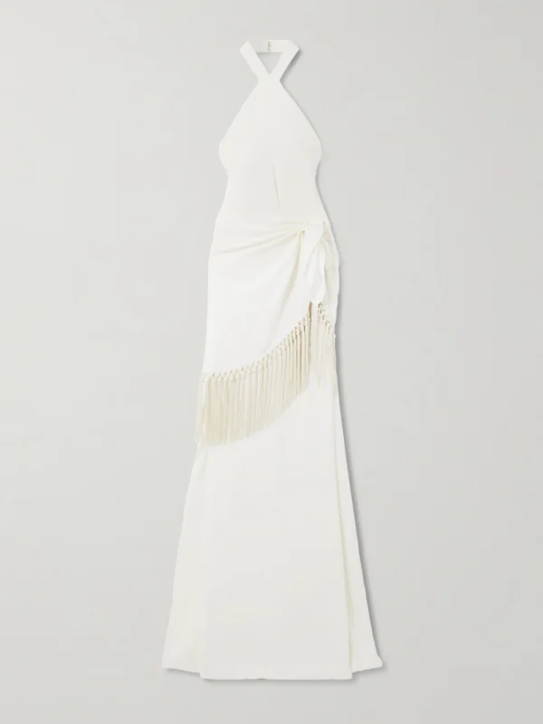 Taller Marmo Meteora Tasseled Layered Crepe Halterneck Gown