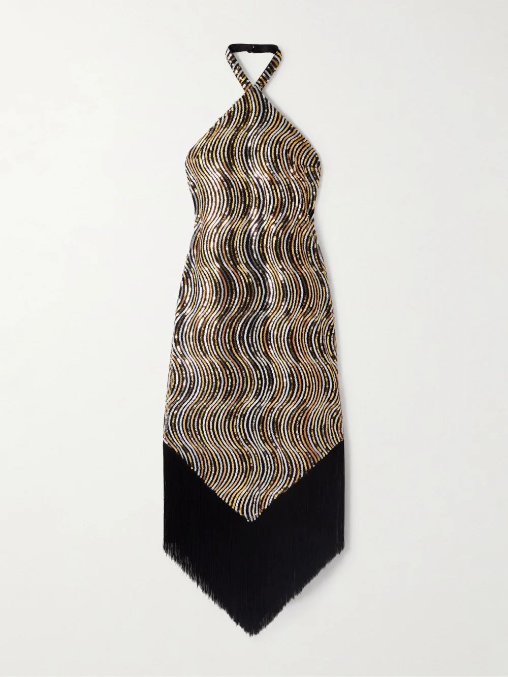 Taller Marmo Nina Flapper Fringed Sequin-embellished Mesh Halterneck Midi Dress in gold