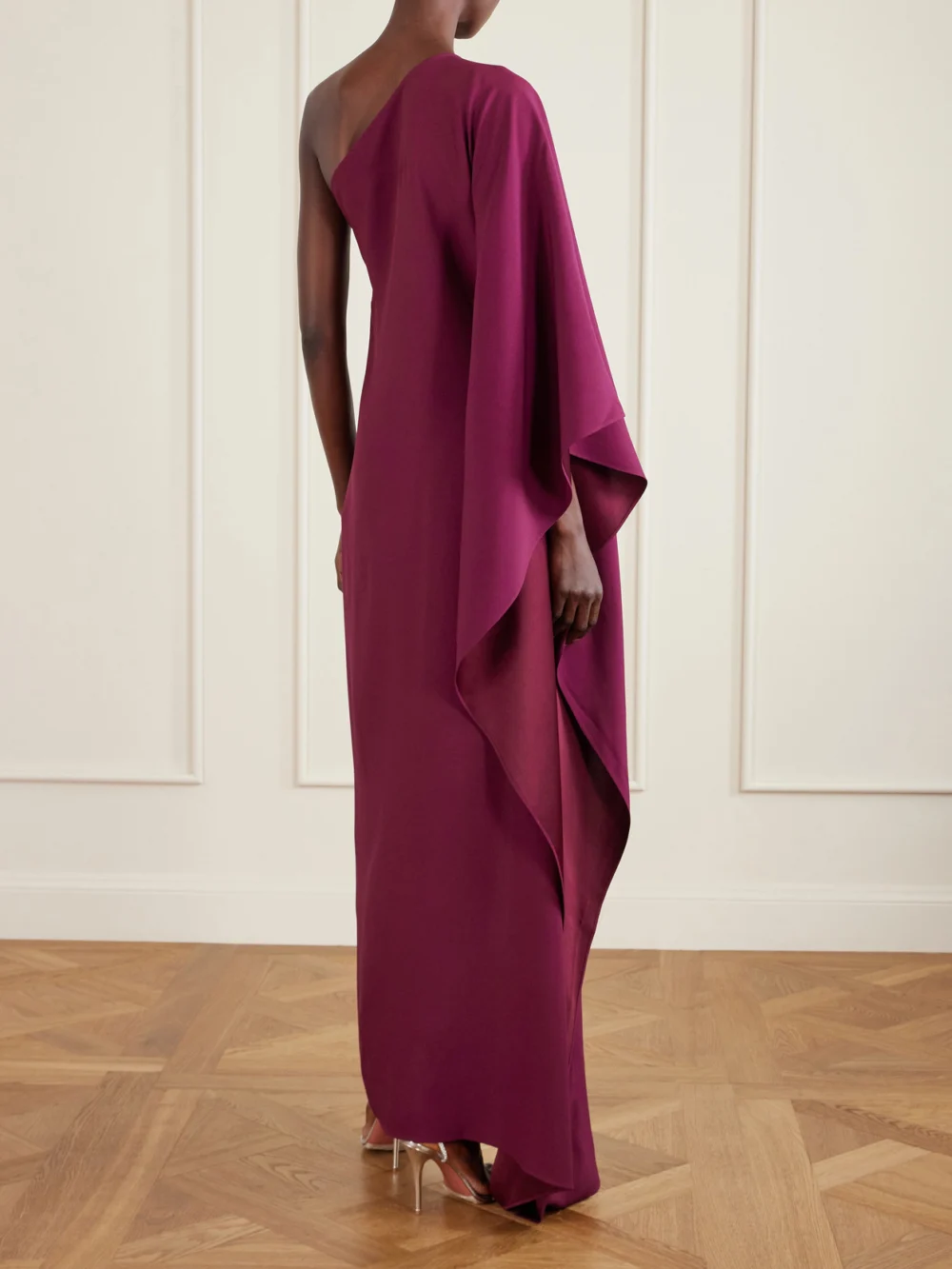 Back view of the Taller Marmo Palladium One-shoulder Crystal-embellished Crepe-cady Gown