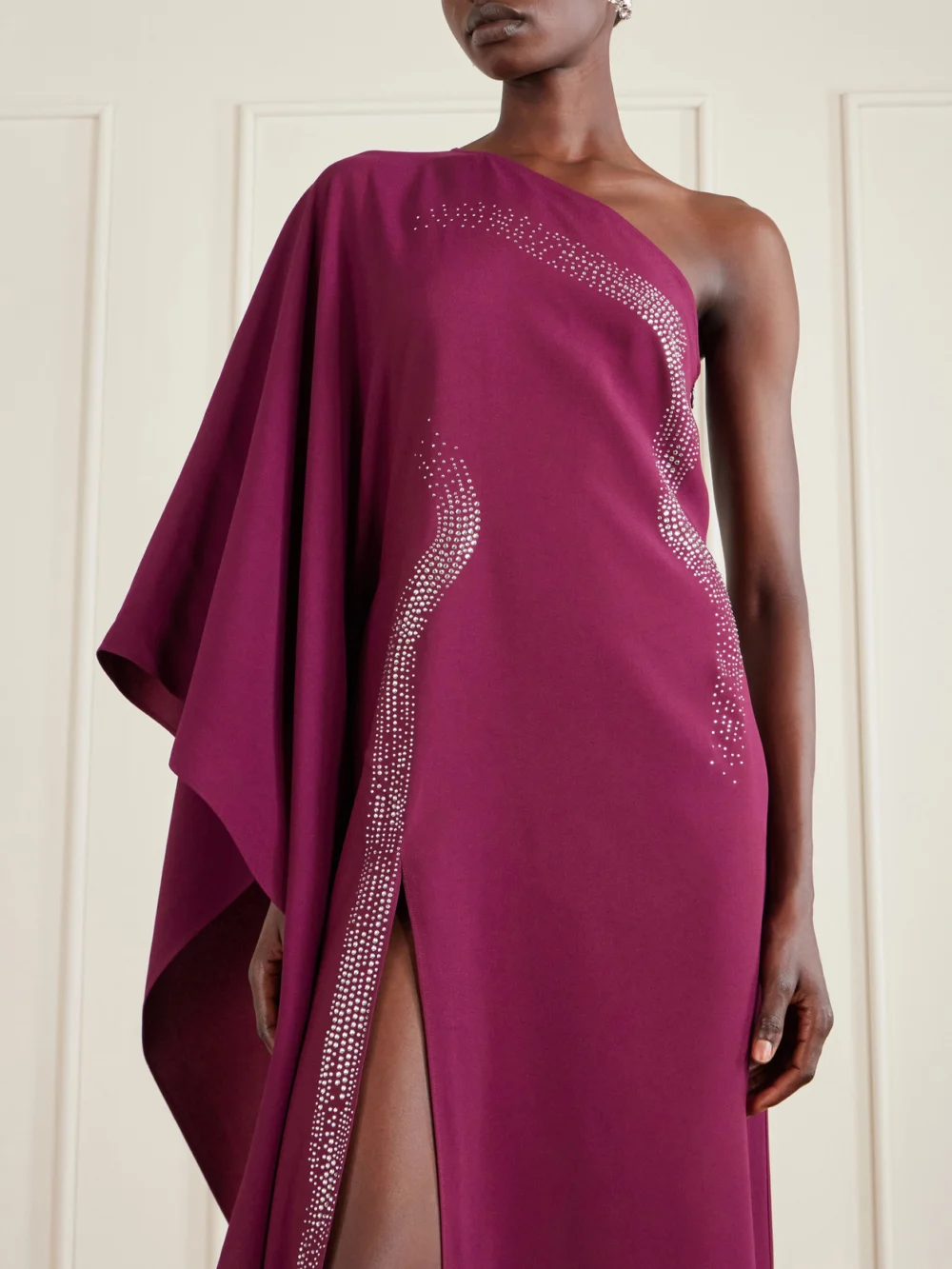 Close-up detail of the Taller Marmo Palladium One-shoulder Crystal-embellished Crepe-cady Gown