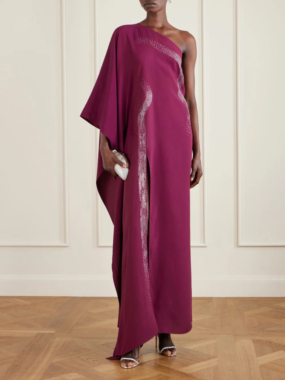 Taller Marmo Palladium One-shoulder Crystal-embellished Crepe-cady Gown, worn by a model