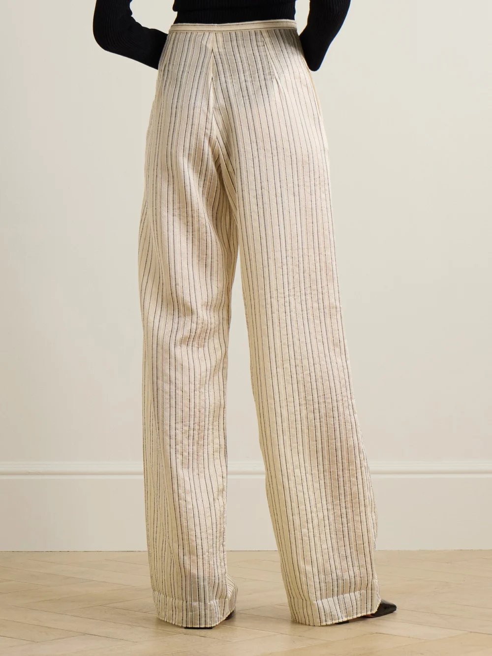Back view of the Taller Marmo Seine Metallic Pinstriped Voile Wide-leg Pants