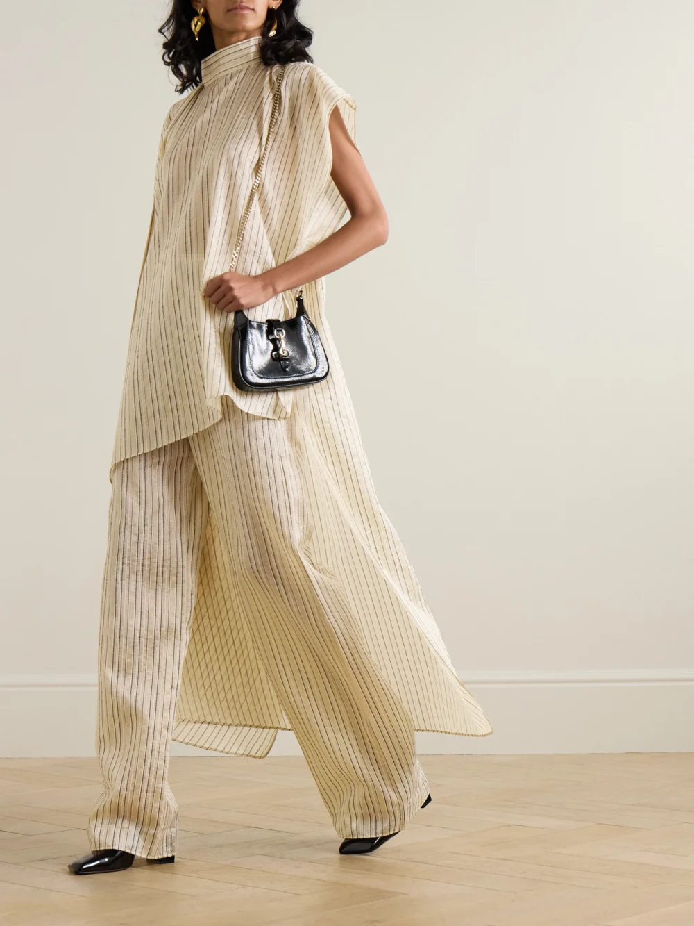 Taller Marmo Seine Metallic Pinstriped Voile Wide-leg Pants, worn by a model