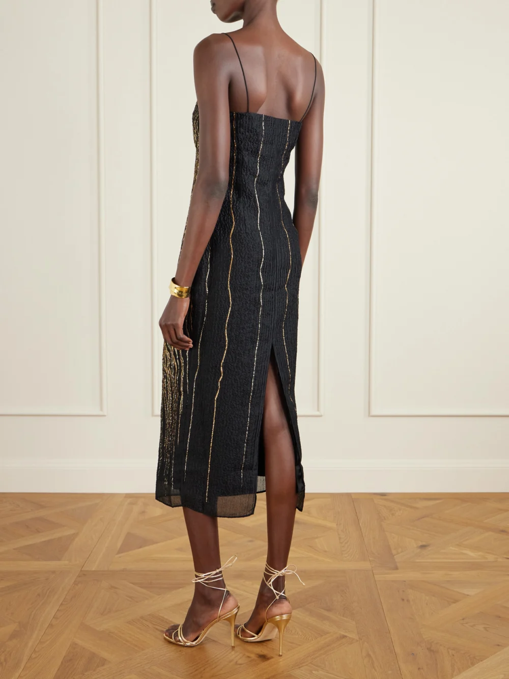 Back view of the Taller Marmo Showgirl Metallic Silk-blend Crepon Midi Dress