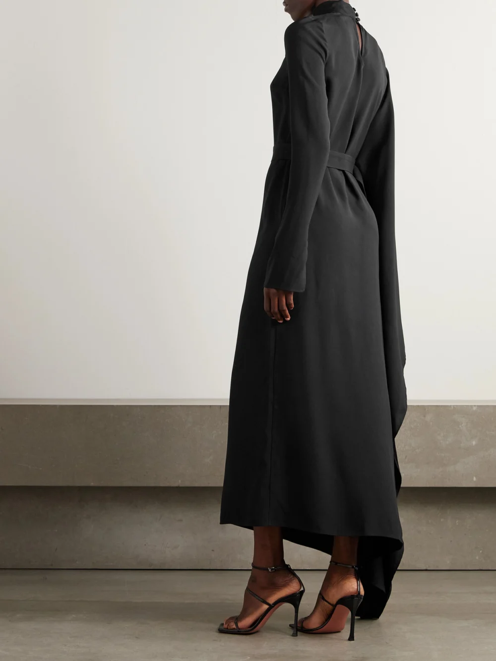 Back view of the Taller Marmo Tanning Belted Crystal-embellished Cady Turtleneck Midi Dress