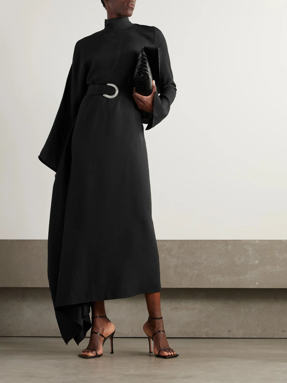 Taller Marmo Tanning Belted Crystal-embellished Cady Turtleneck Midi Dress, worn by a model