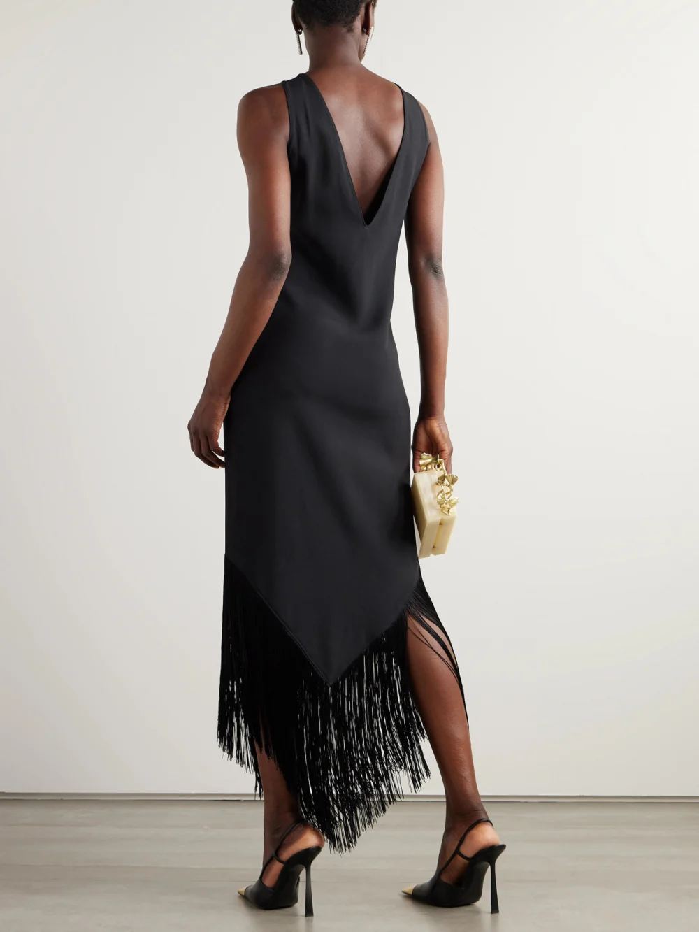 Back view of the Taller Marmo Taormina Fringed Crystal-embellished Crepe Gown