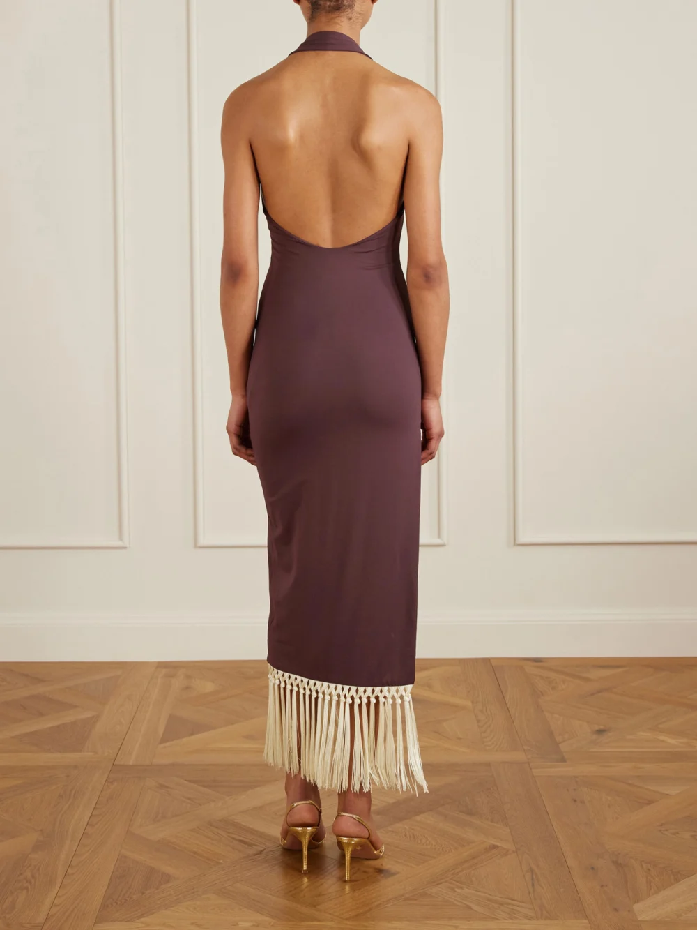 Back view of the Taller Marmo Tropical Sleeveless Tasseled Stretch-satin Midi Dress