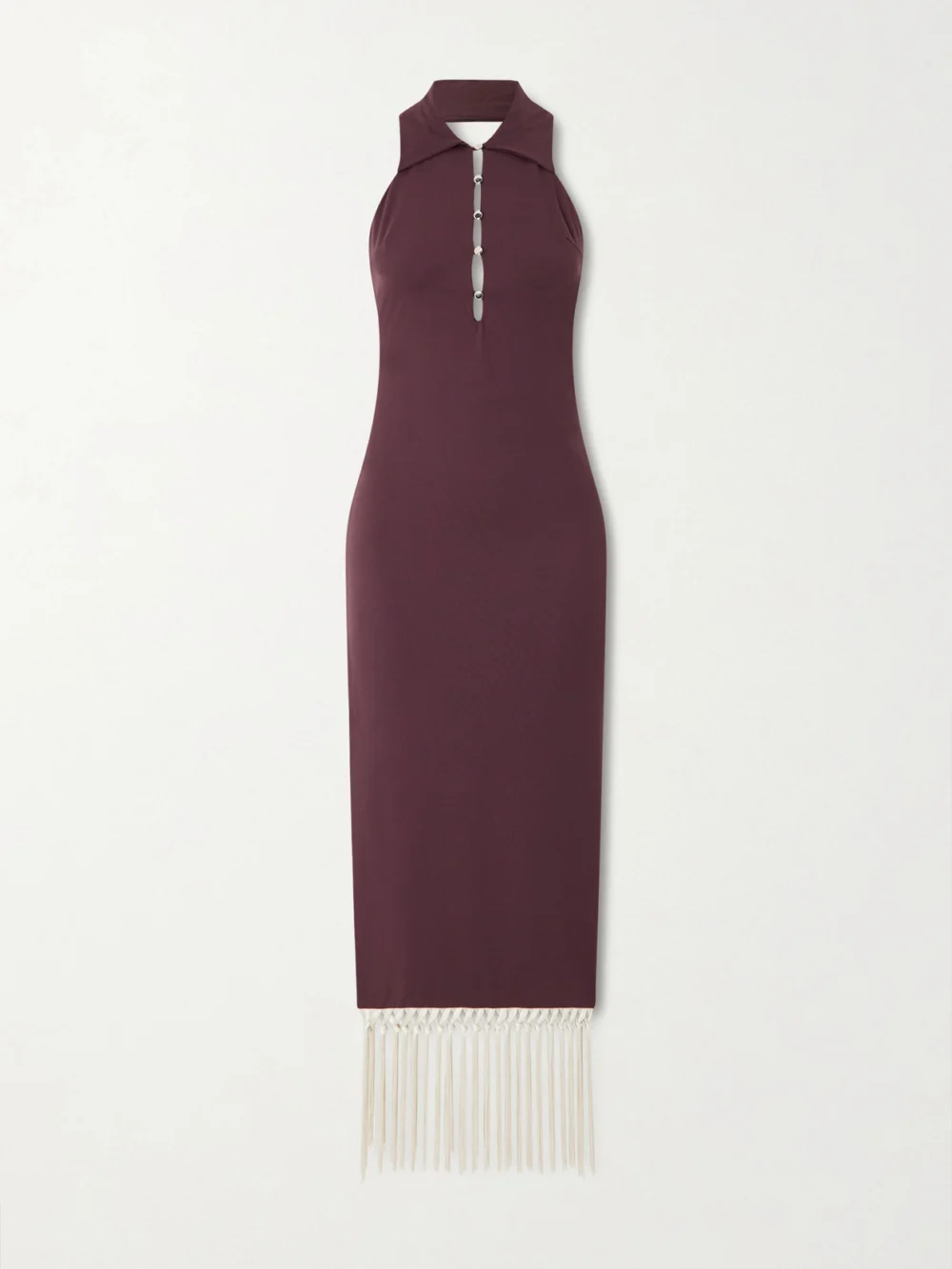 Taller Marmo Tropical Sleeveless Tasseled Stretch-satin Midi Dress in burgundy