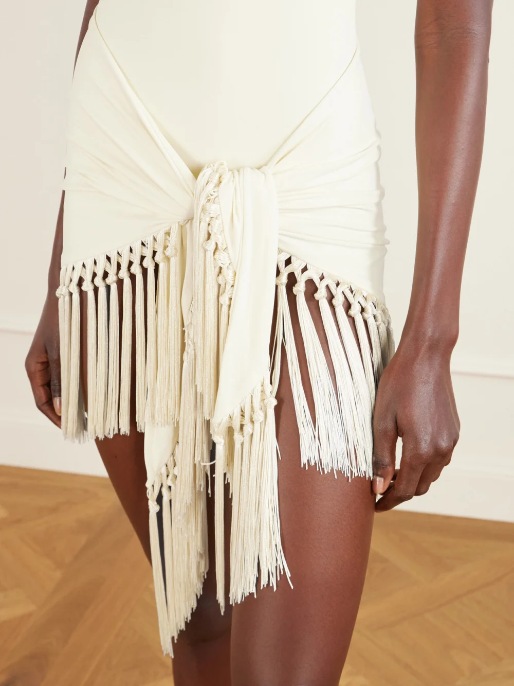 Close-up detail of the Taller Marmo Tropicana Halterneck Swimsuit and Fringed Pareo Set