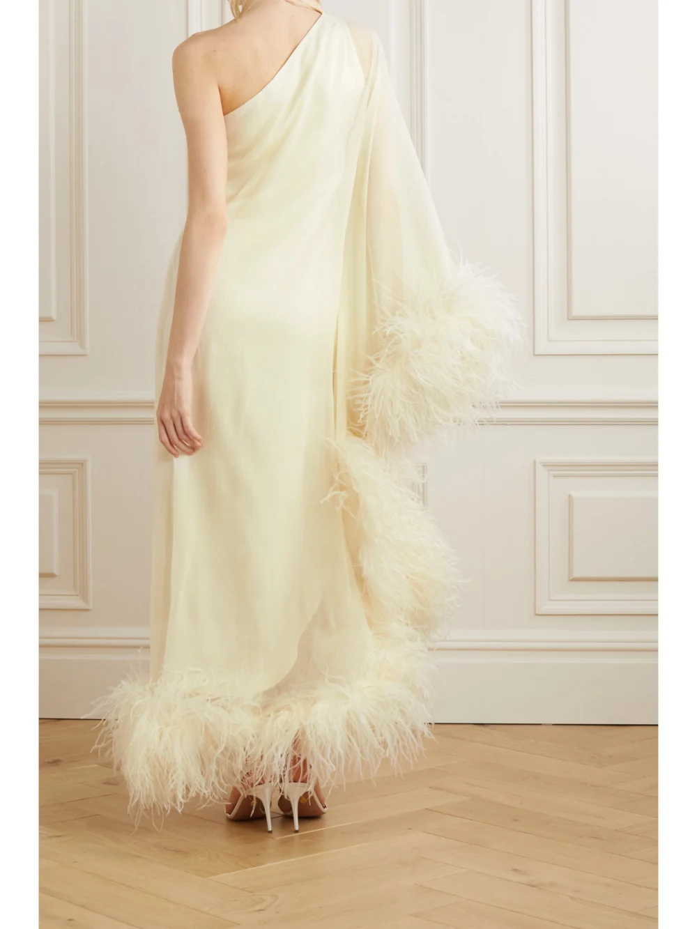 Back view of the Taller Marmo Ubud One-shoulder Feather-trimmed Silk-crepe Gown
