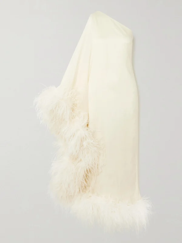 Taller Marmo Ubud One-shoulder Feather-trimmed Silk-crepe Gown