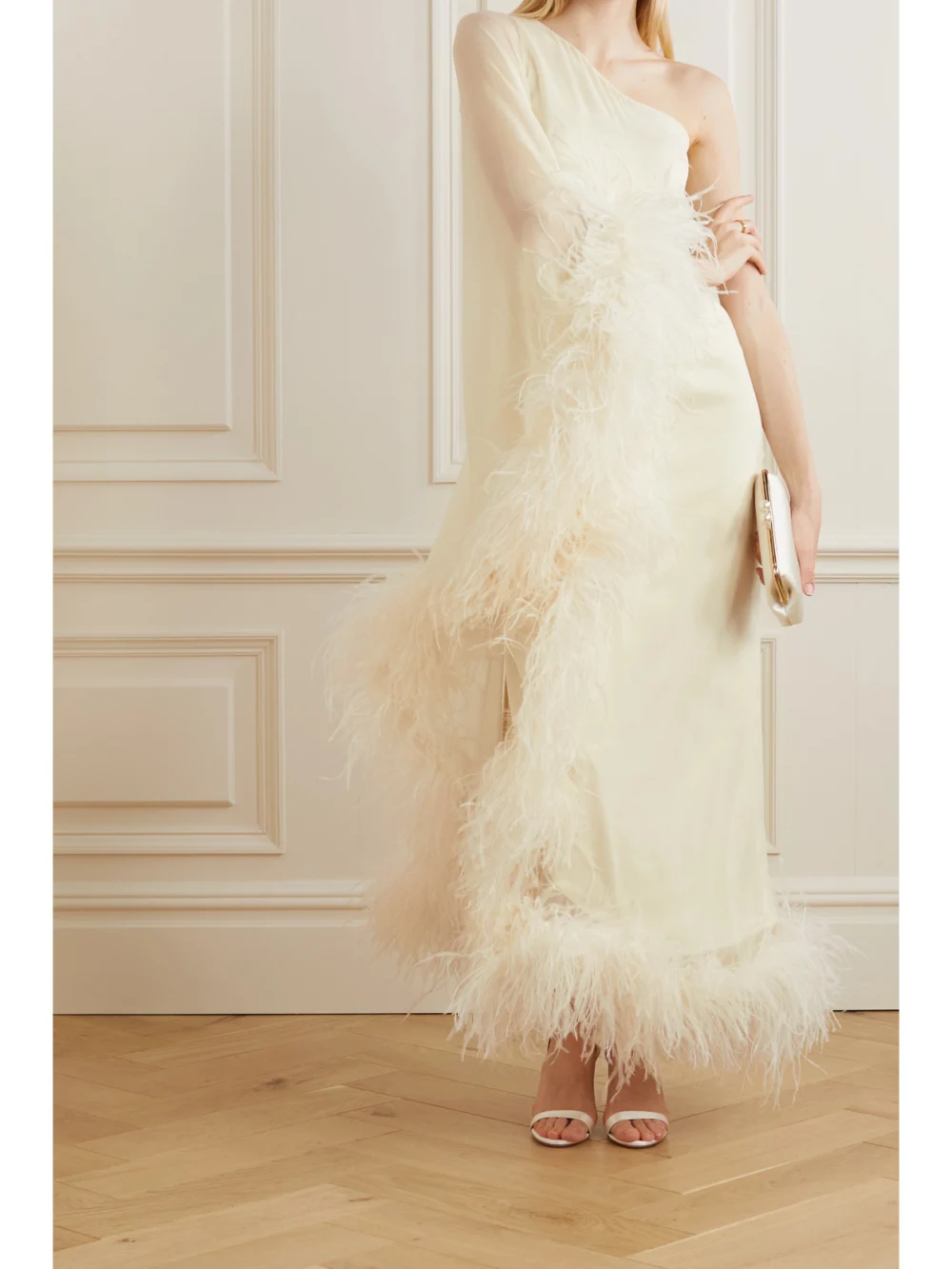 Taller Marmo Ubud One-shoulder Feather-trimmed Silk-crepe Gown, worn by a model