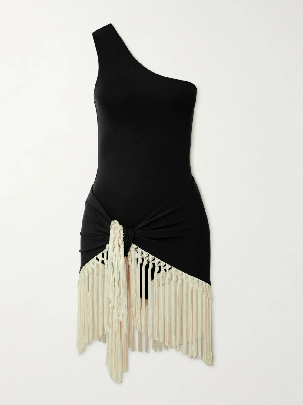 Taller Marmo Yacare One-shoulder Swimsuit and Fringed Pareo Set in black