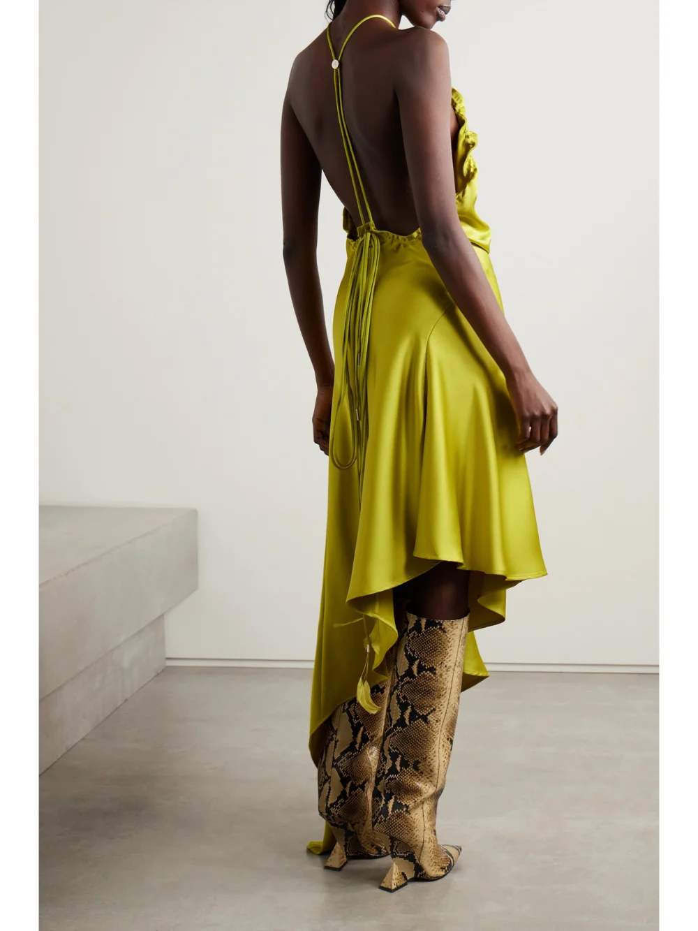 Back view of The Attico Asymmetric Feather-trimmed Satin Halterneck Midi Dress