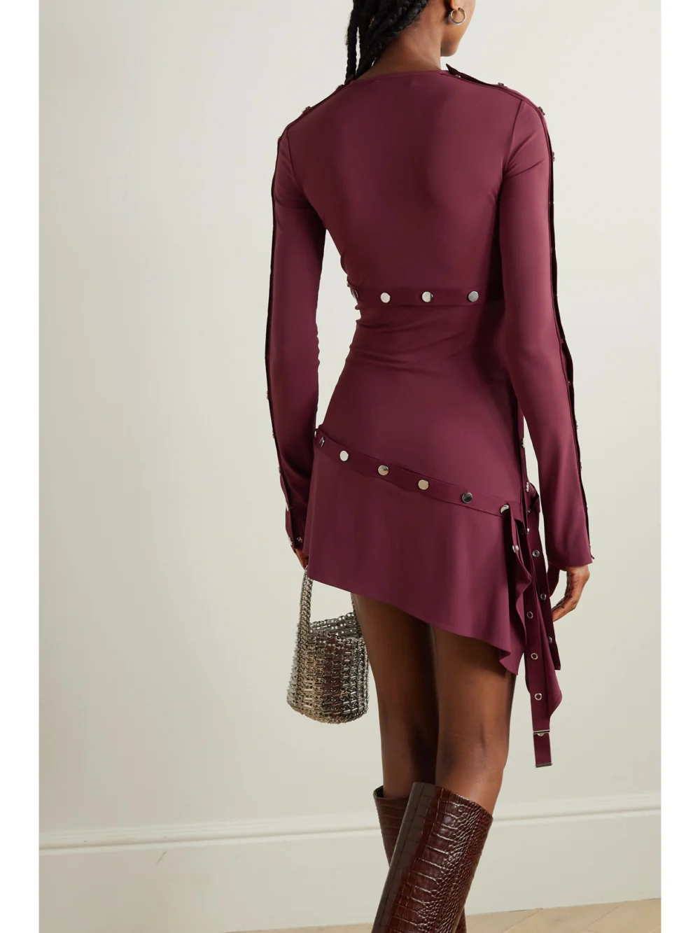 Back view of The Attico Asymmetric Grosgrain-trimmed Jersey Mini Dress