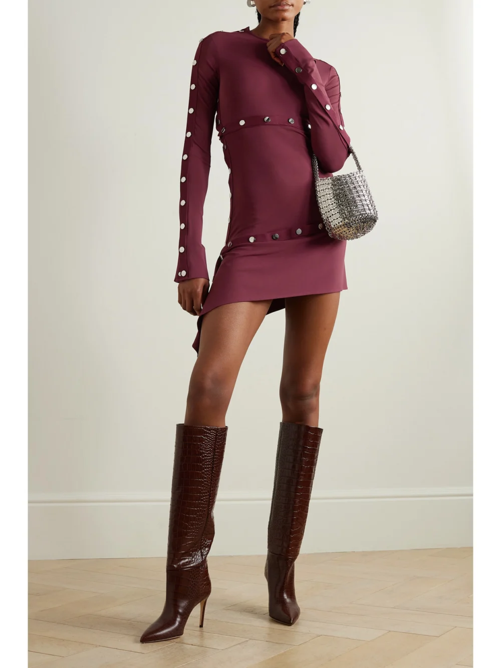 The Attico Asymmetric Grosgrain-trimmed Jersey Mini Dress, worn by a model