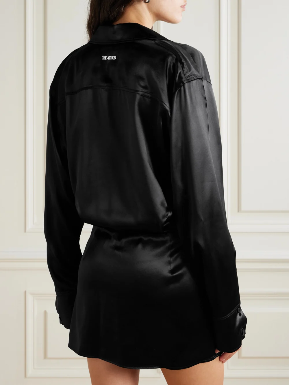 Back view of The Attico Asymmetric Satin Mini Dress
