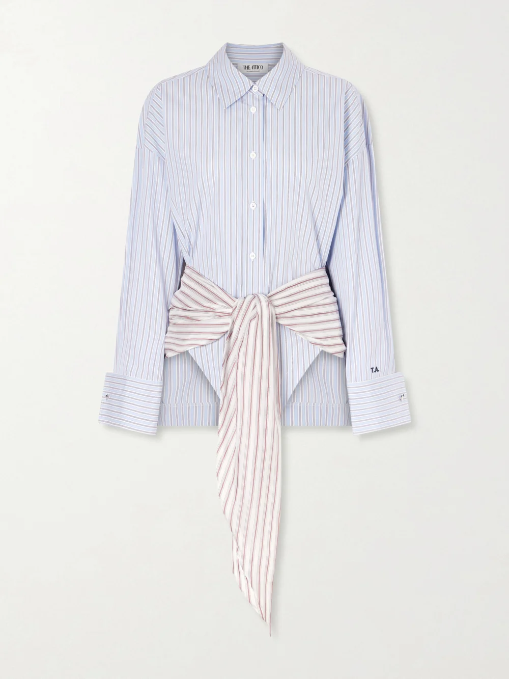 The Attico Belted Striped Cotton-poplin Mini Dress in blue