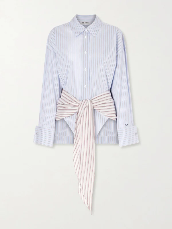 The Attico Belted Striped Cotton-poplin Mini Dress