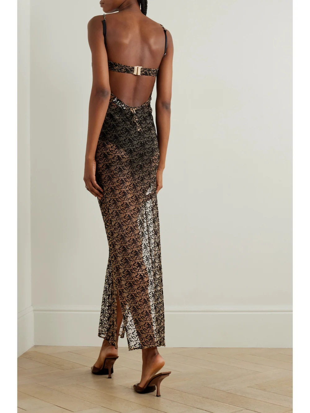 Back view of The Attico Chain-embellished Embroidered Tulle Maxi Dress