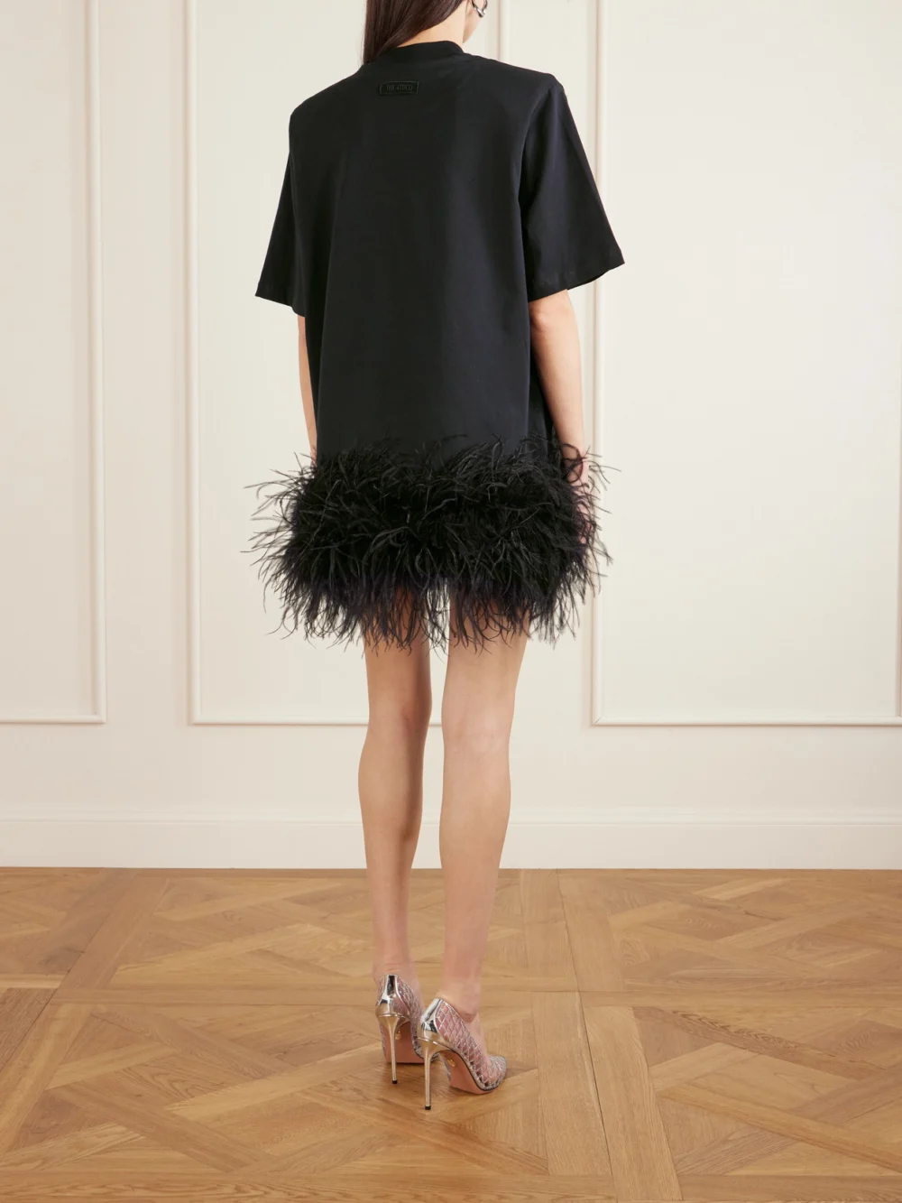 Back view of The Attico Feather-trimmed Cotton-jersey Mini Dress