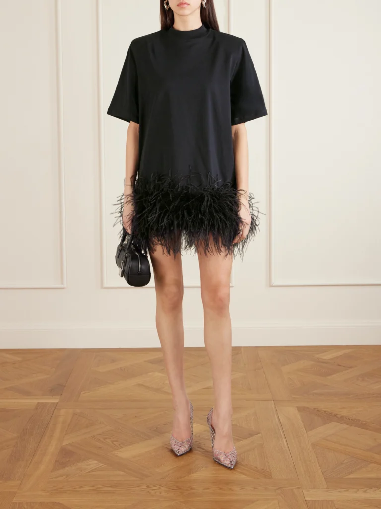 The Attico Feather-trimmed Cotton-jersey Mini Dress