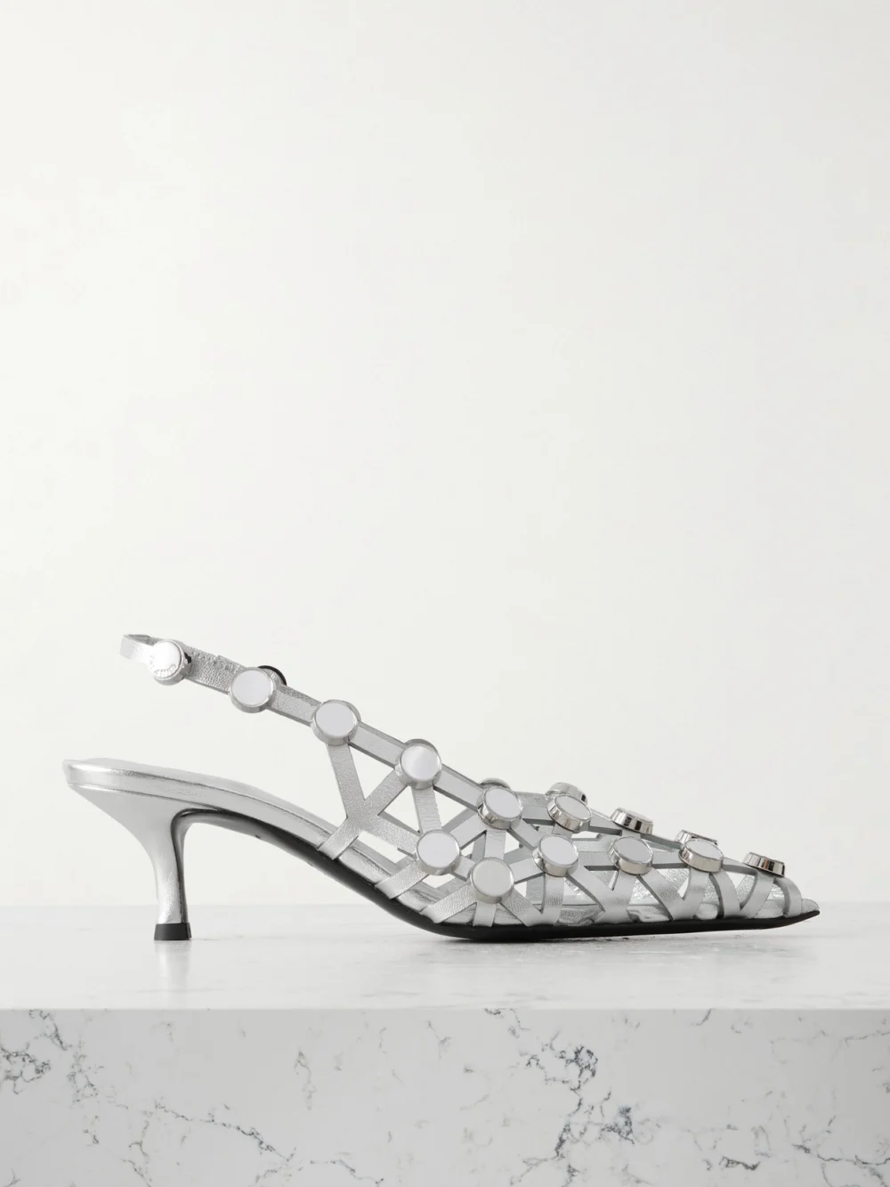 The Attico Grid Studded Metallic Leather Slingback Pumps in silver