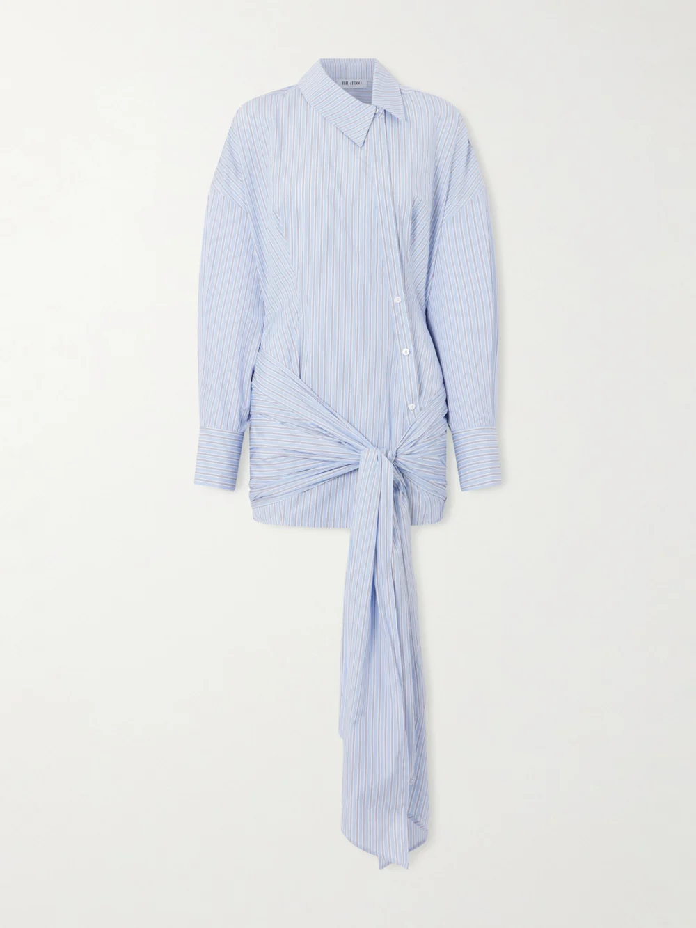 The Attico Knotted Striped Cotton-poplin Mini Dress in blue