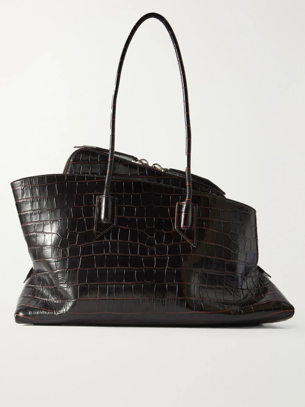The Attico La Passeggiata Medium Asymmetric Croc-effect Leather Tote in dark brown