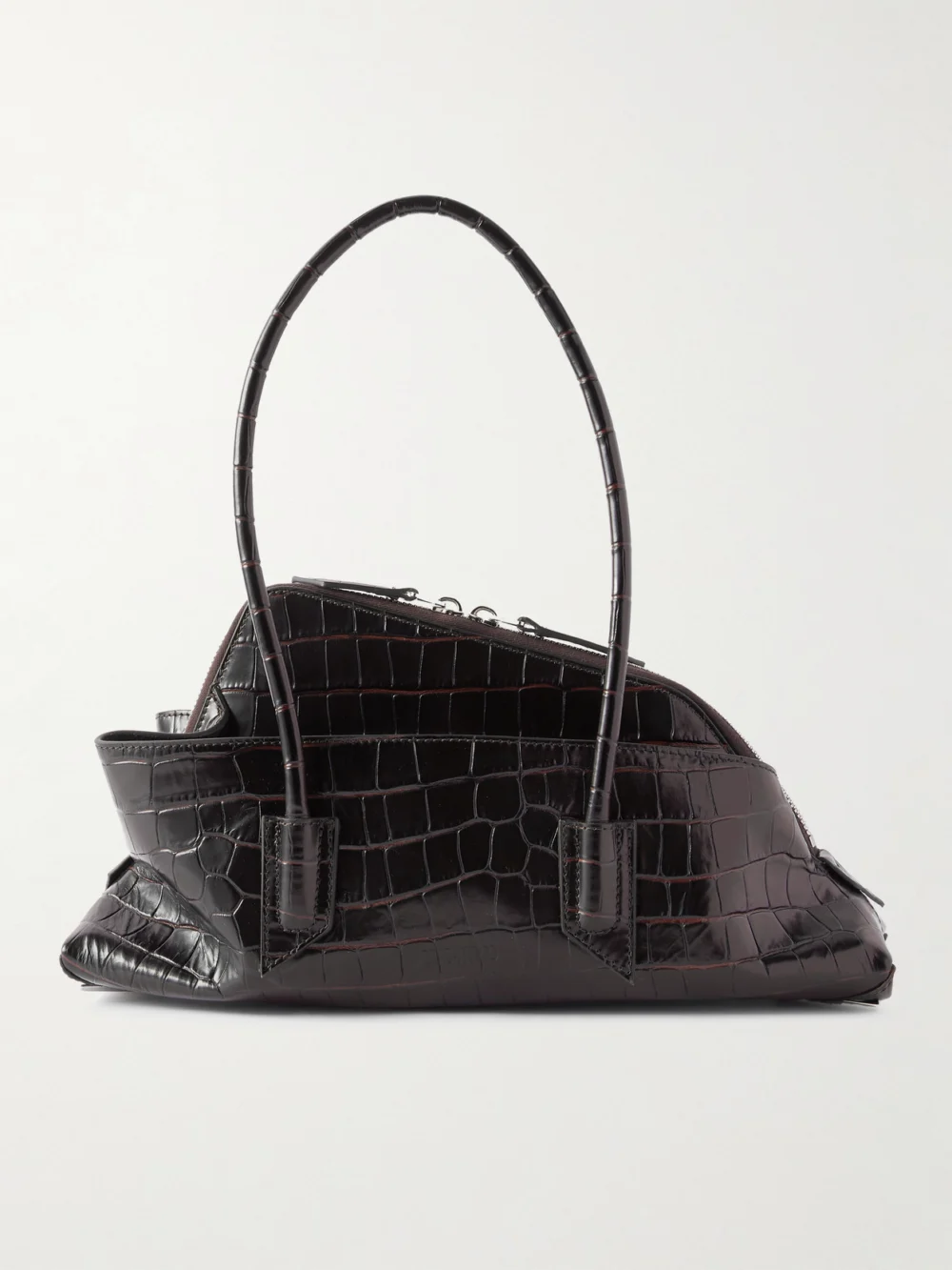The Attico La Passeggiata Small Asymmetric Croc-effect Leather Tote in dark brown