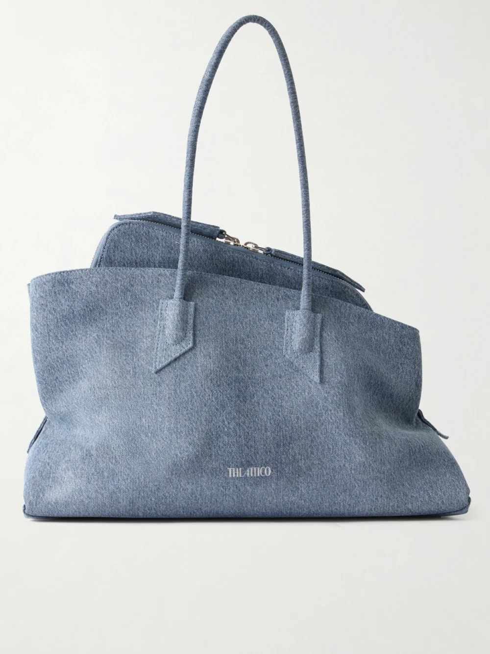 The Attico La Passegiata Medium Asymmetric Denim Shoulder Bag in mid denim